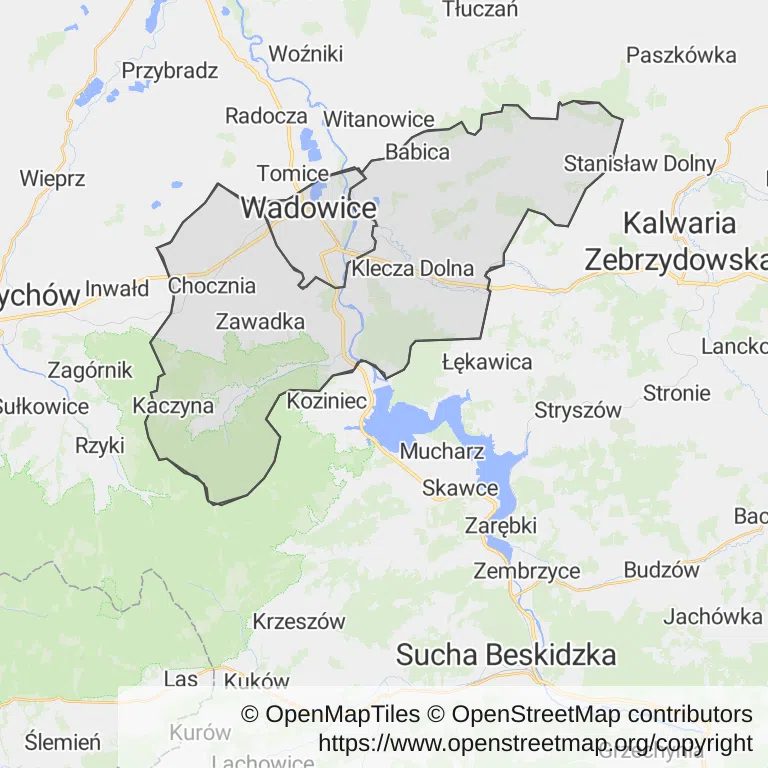 Mapa z zaznaczonymi Wadowicami