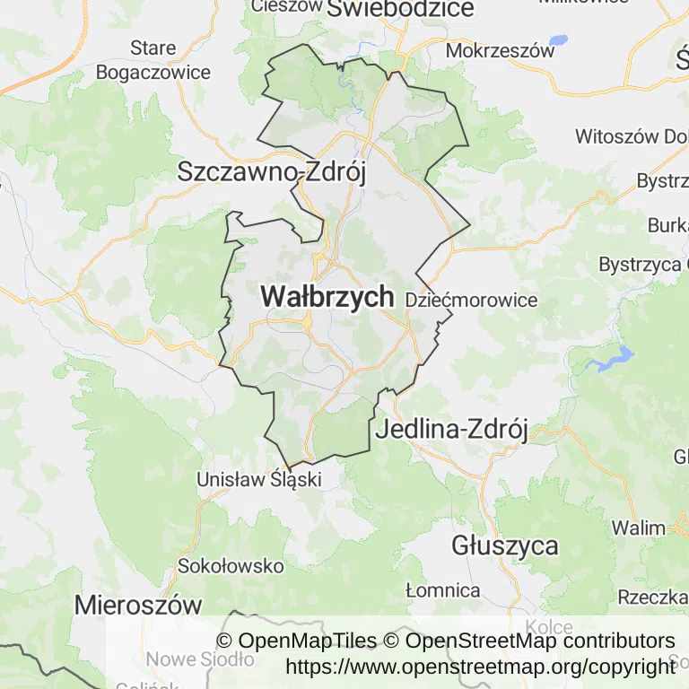 Mapa z zaznaczonym Wałbrzychu