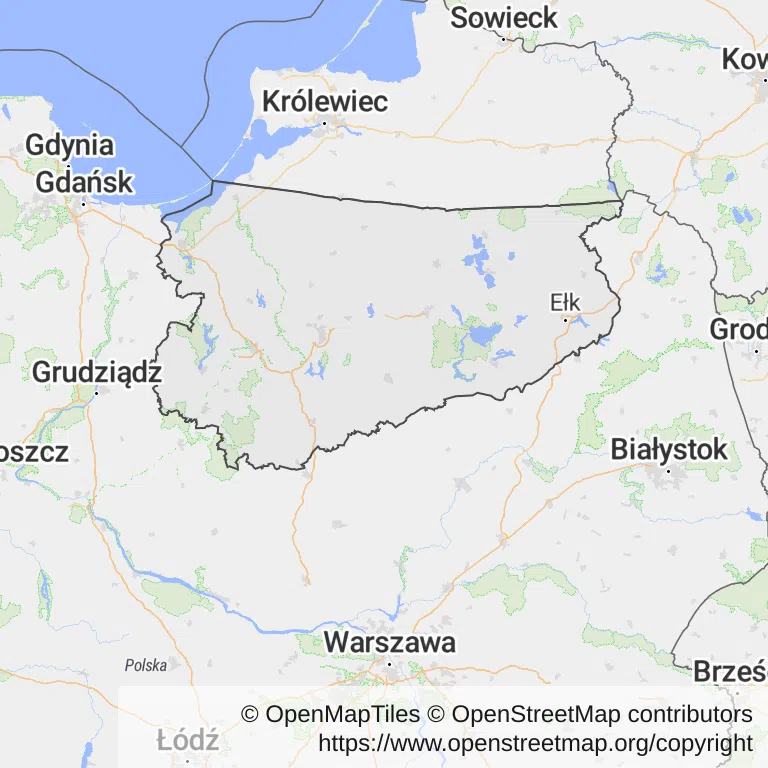 Gastroskopia na NFZ — Mapa z zaznaczonym województwem warmińsko-mazurskim