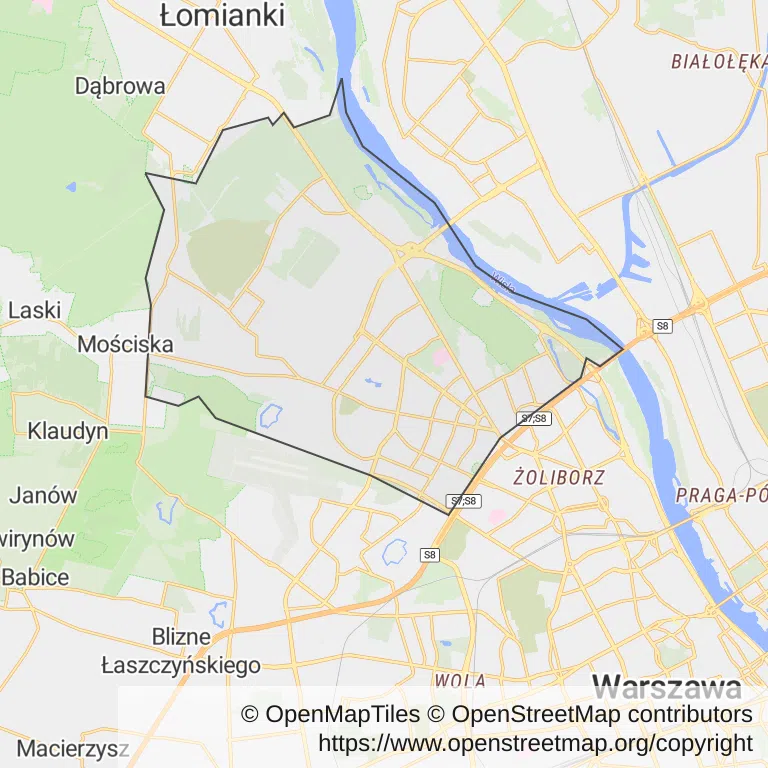 Mapa z zaznaczonymi Bielanami w Warszawie