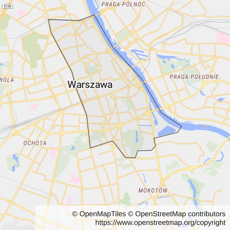 Mapa z zaznaczonym Śródmieściem w Warszawie