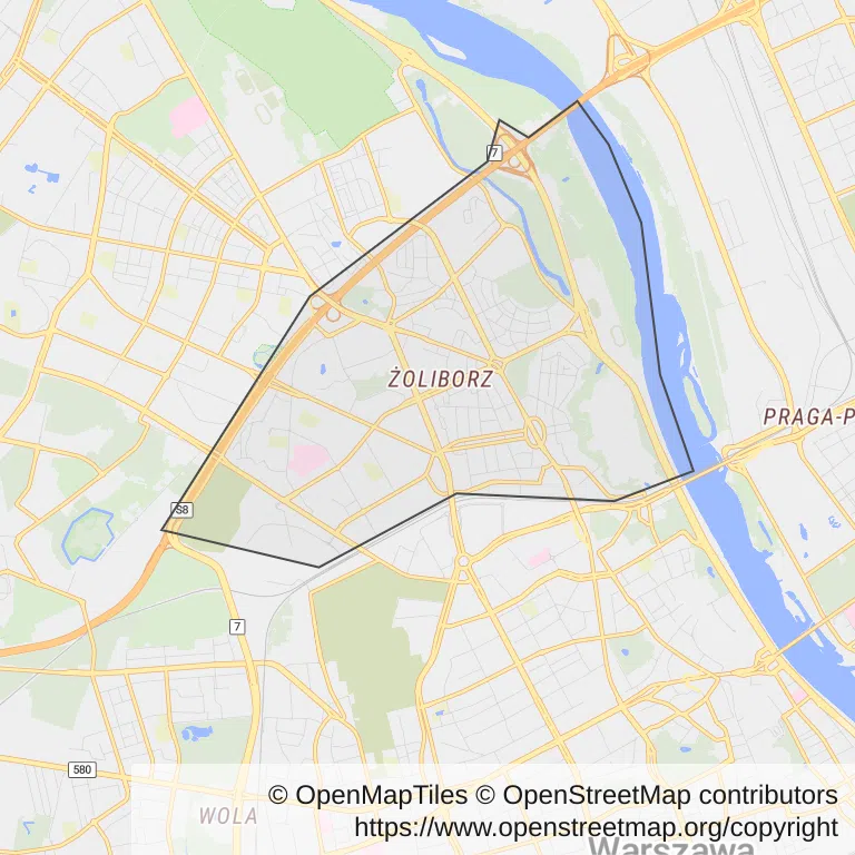 Mapa z zaznaczonym Żoliborzem w Warszawie