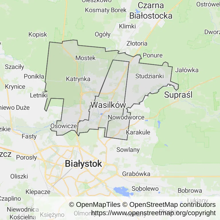 Mapa z zaznaczonym Wasilkowem