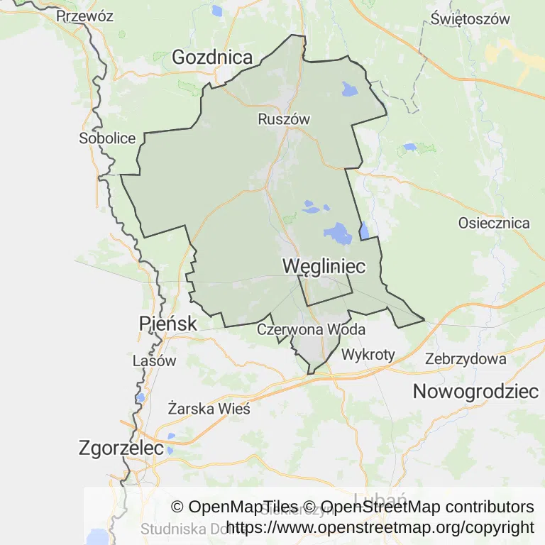Mapa z zaznaczonym Węglińcu