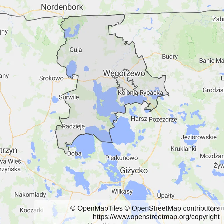 Mapa z zaznaczonym Węgorzewem