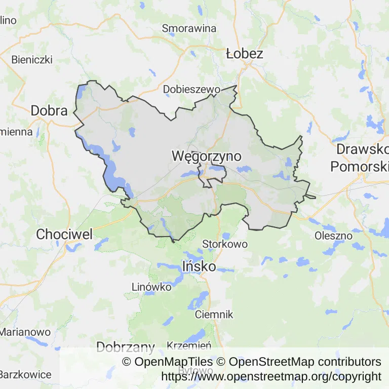Mapa z zaznaczonym Węgorzynem