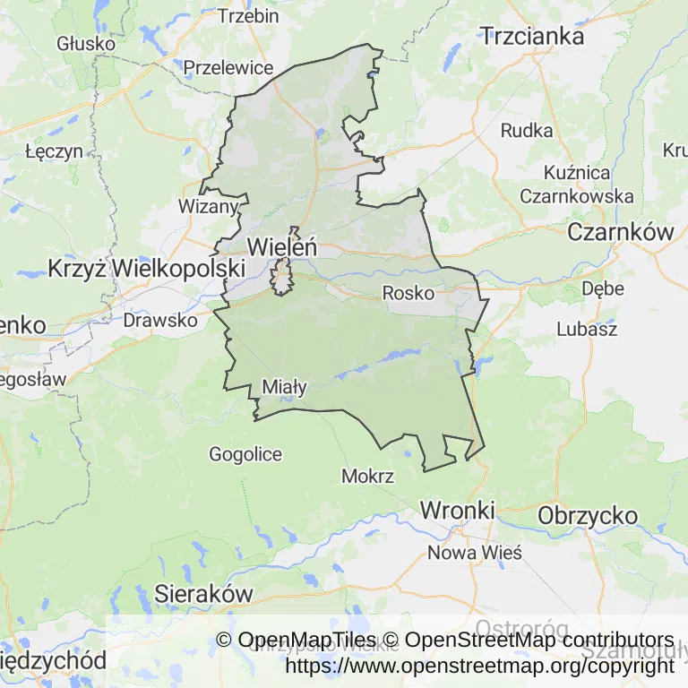 Mapa z zaznaczonym Wieleniu