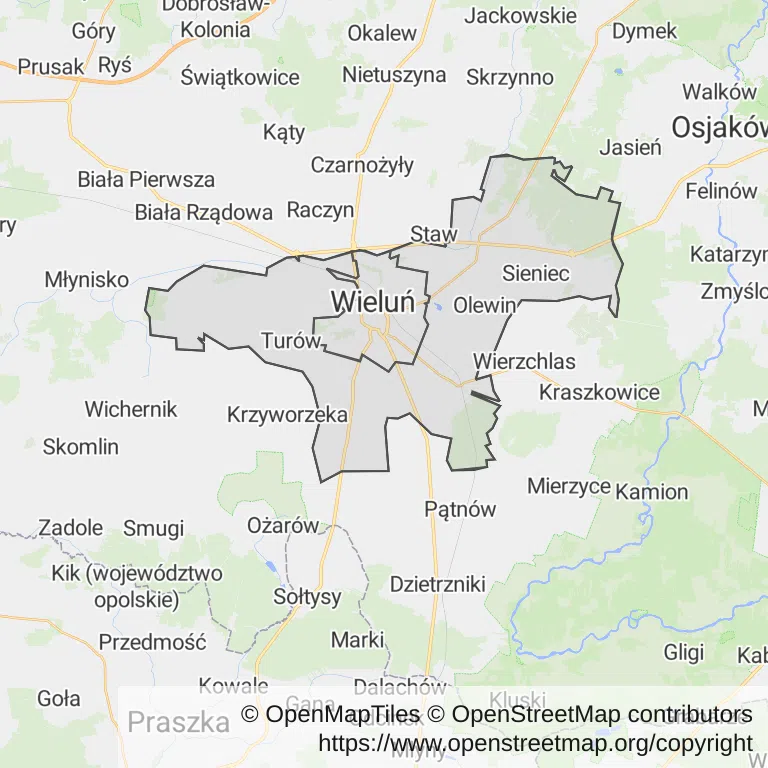 Mapa z zaznaczonym Wieluniu