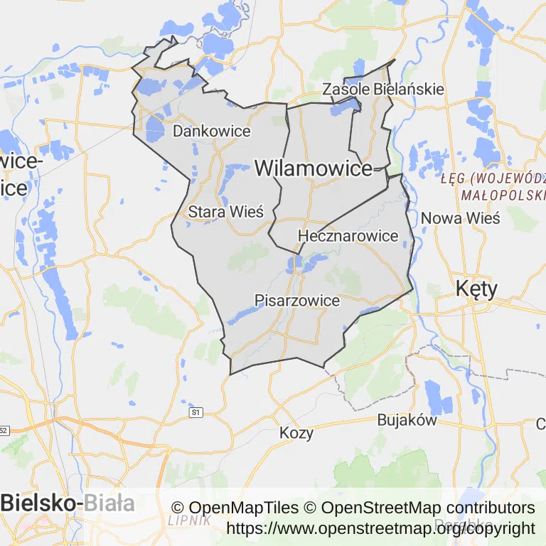 Mapa z zaznaczonymi Wilamowicami