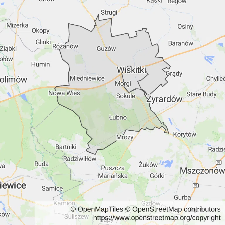 Mapa z zaznaczonym Wiskitkami