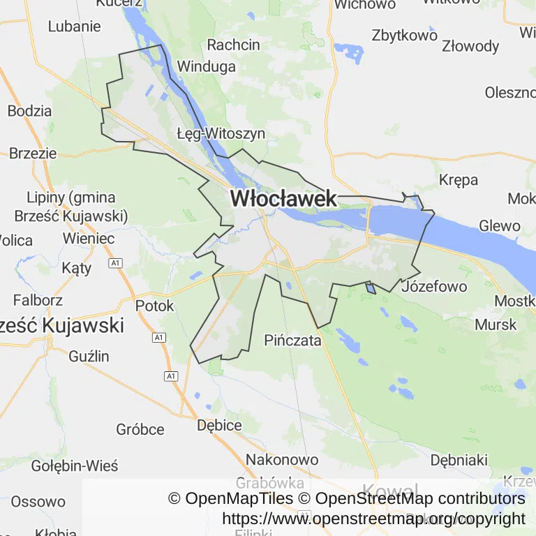 Mapa z zaznaczonym Włocławkiem