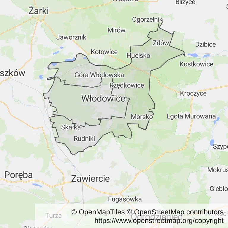 Mapa z zaznaczonymi Włodowicami