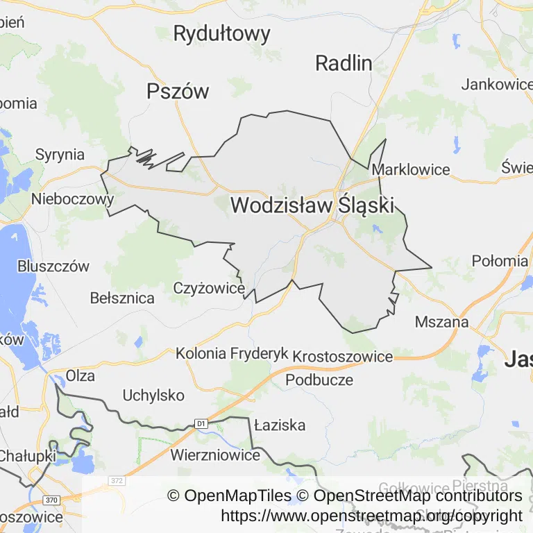 Mapa z zaznaczonym Wodzisławiu Śląskim