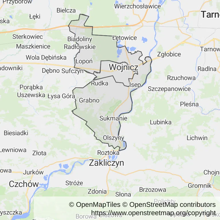 Mapa z zaznaczonym Wojniczem
