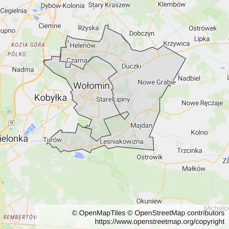 Mapa z zaznaczonym Wołominem