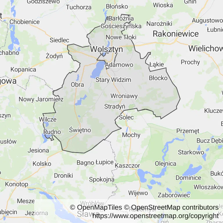 Mapa z zaznaczonym Wolsztynem