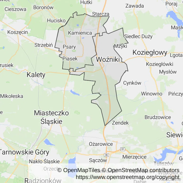 Mapa z zaznaczonym Woźnikami