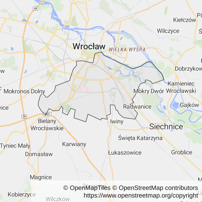 Mapa z zaznaczonymi Krzykiem we Wrocławiu