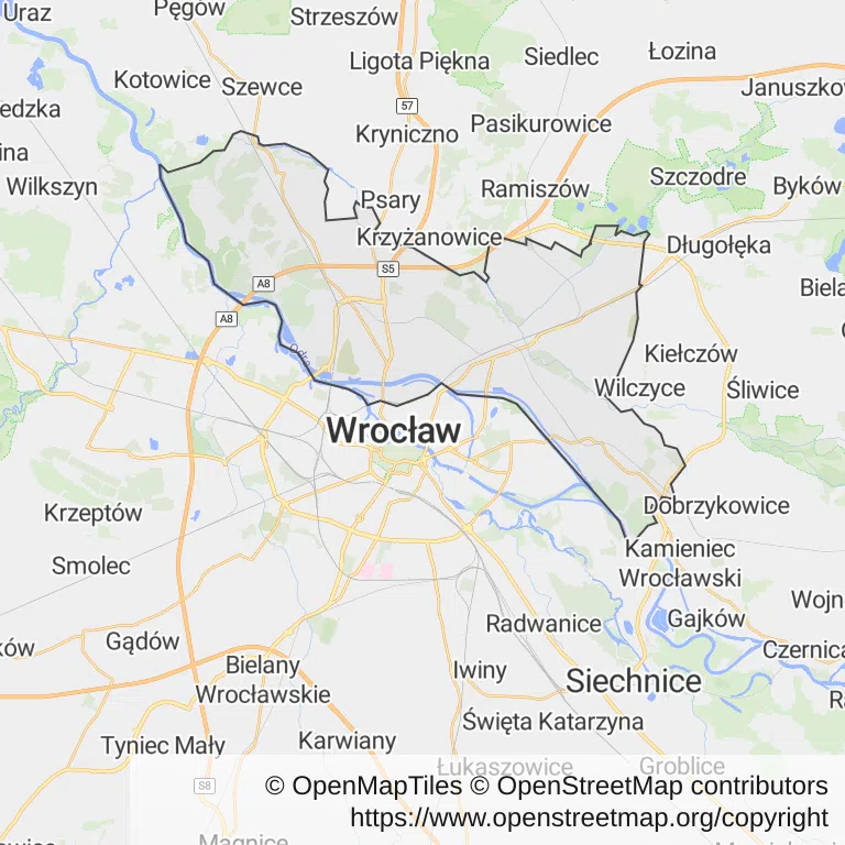 Mapa z zaznaczonym Psie Polem we Wrocławiu