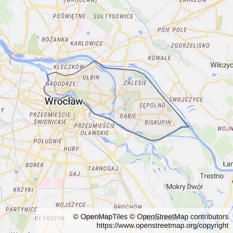 Mapa z zaznaczonym Śródmieściem we Wrocławiu