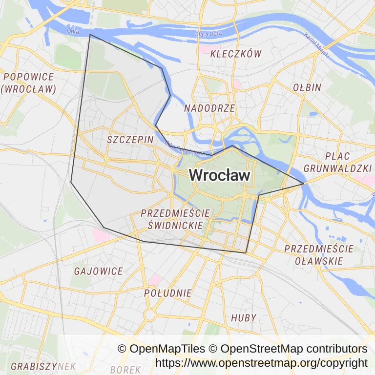 Mapa z zaznaczonym Stare Miastoem we Wrocławiu