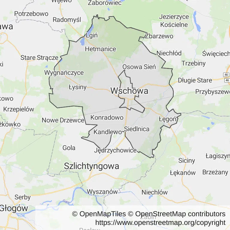 Mapa z zaznaczoną Wschowem