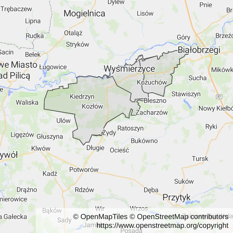 Mapa z zaznaczonymi Wyśmierzycami