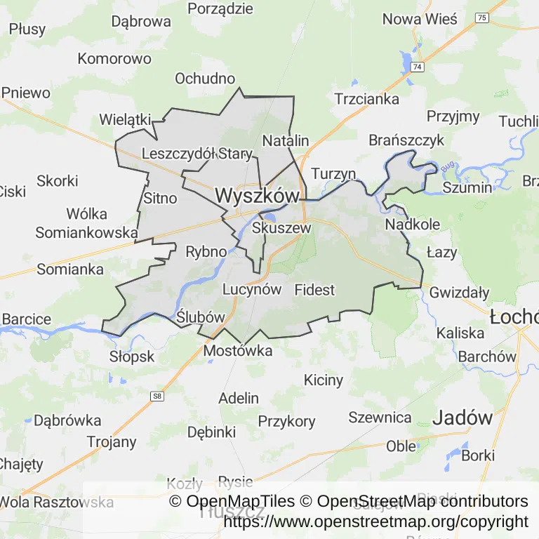 Mapa z zaznaczonym Wyszkowem