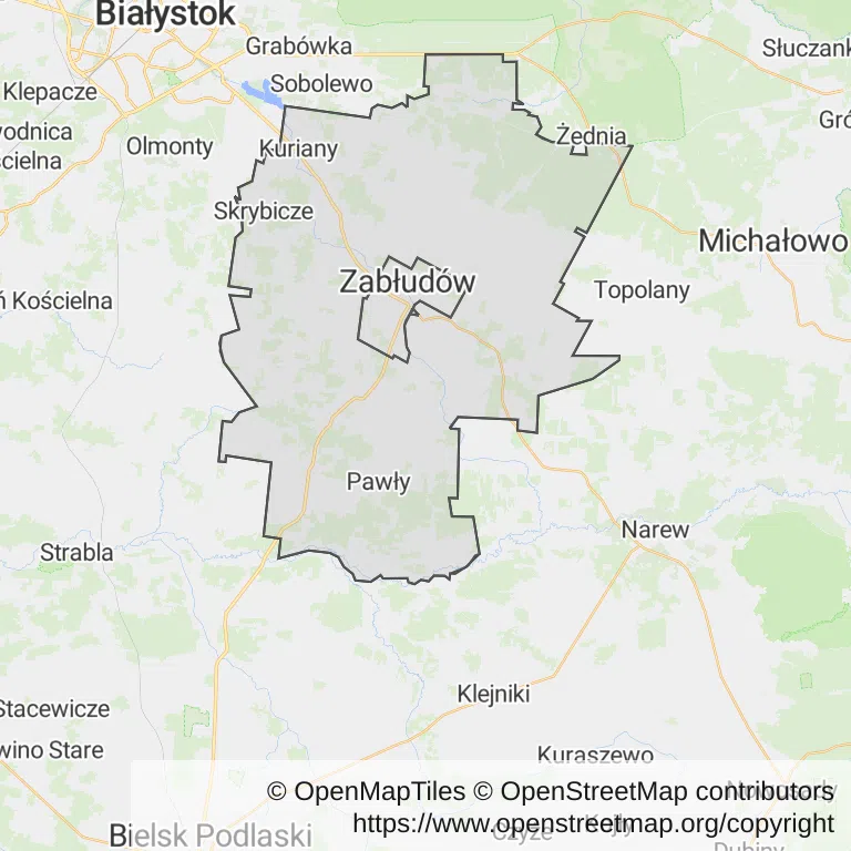 Mapa z zaznaczonym Zabłudowem