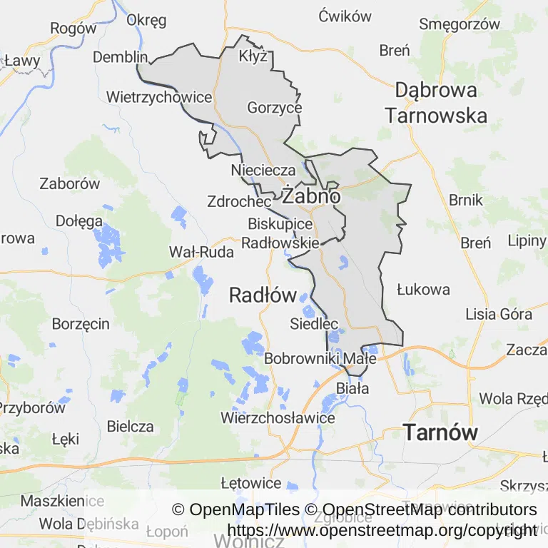 Mapa z zaznaczonym Żabnem