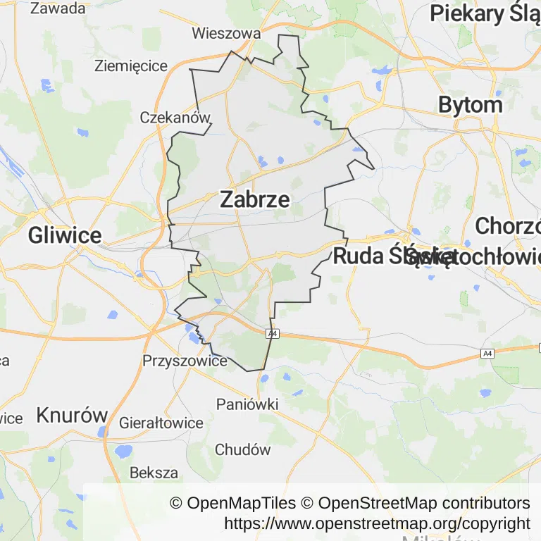 Mapa z zaznaczonym Zabrzem