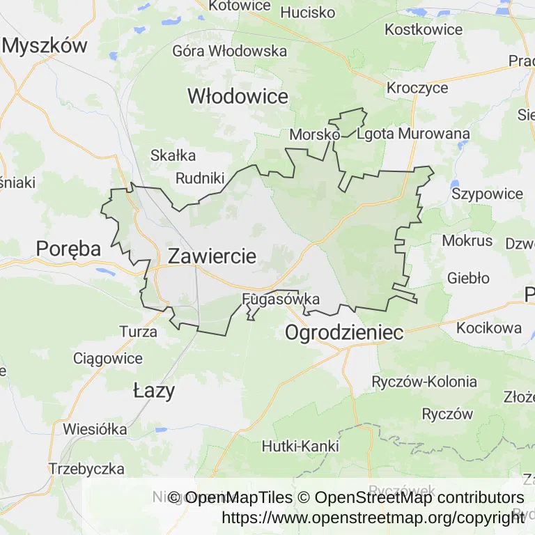Mapa z zaznaczonym Zawierciu