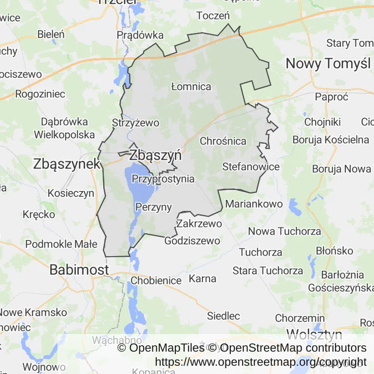 Mapa z zaznaczonym Zbąszyniu
