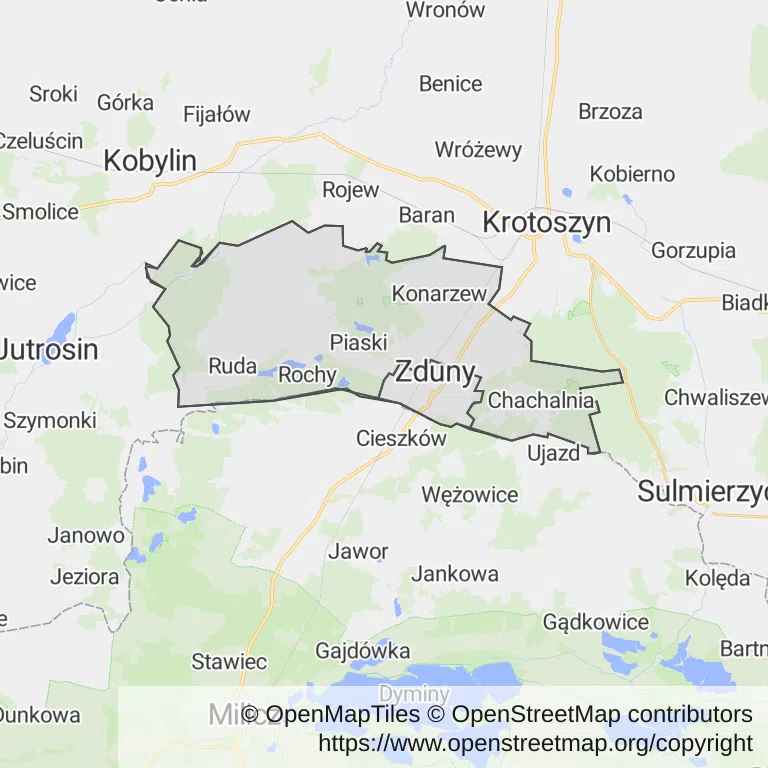 Mapa z zaznaczonym Zdunami