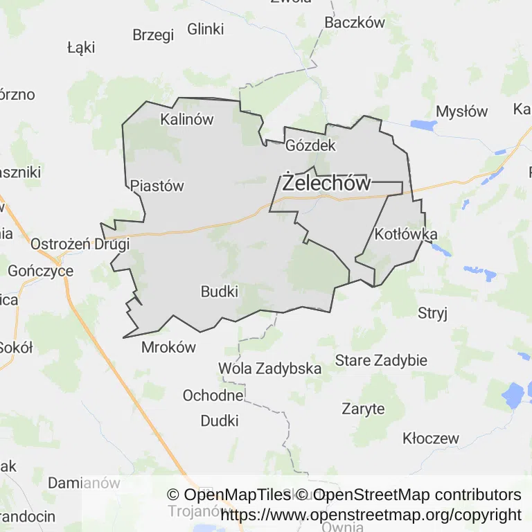 Mapa z zaznaczonym Żelechowem