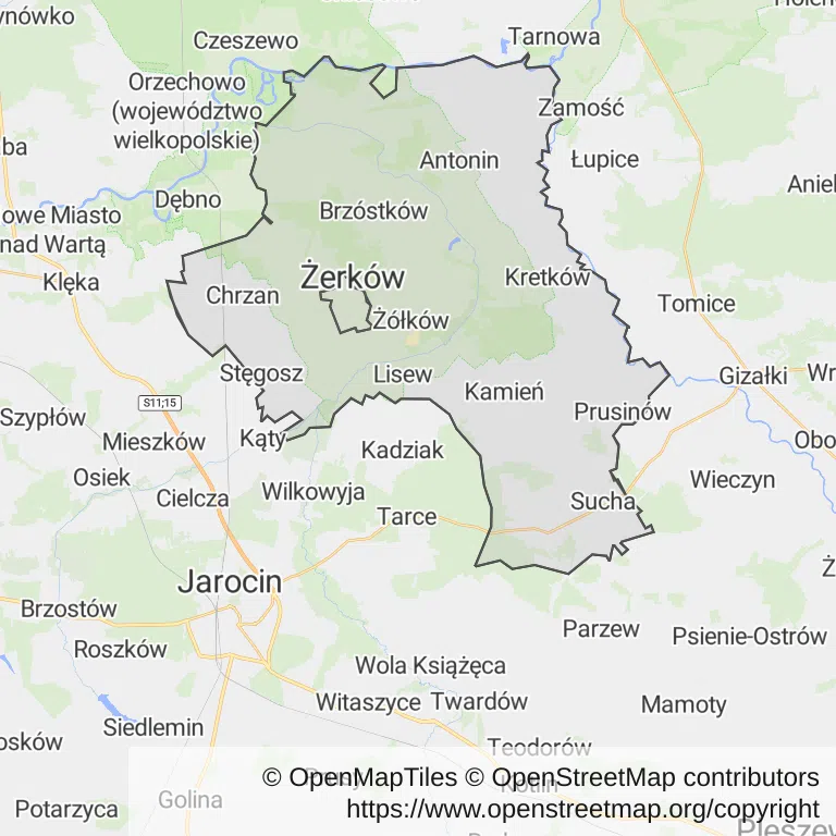 Mapa z zaznaczonym Żerkowem