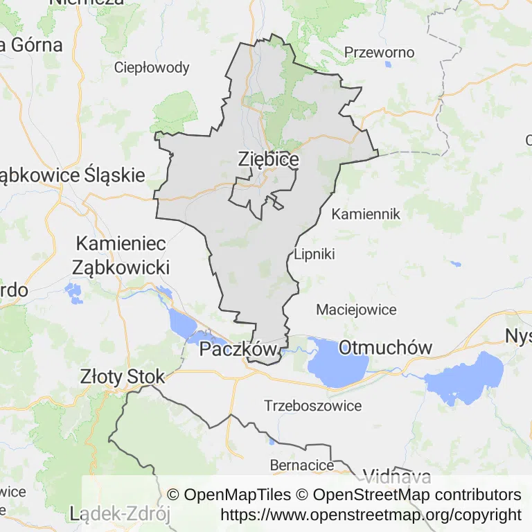 Mapa z zaznaczonymi Ziębicami
