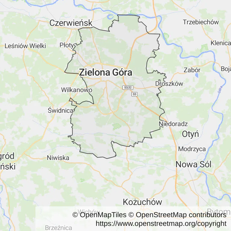 Mapa z zaznaczoną Zieloną Górą