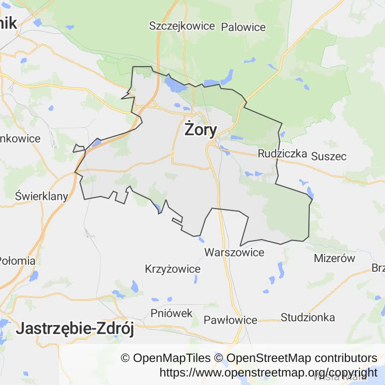 Mapa z zaznaczonym Żorami