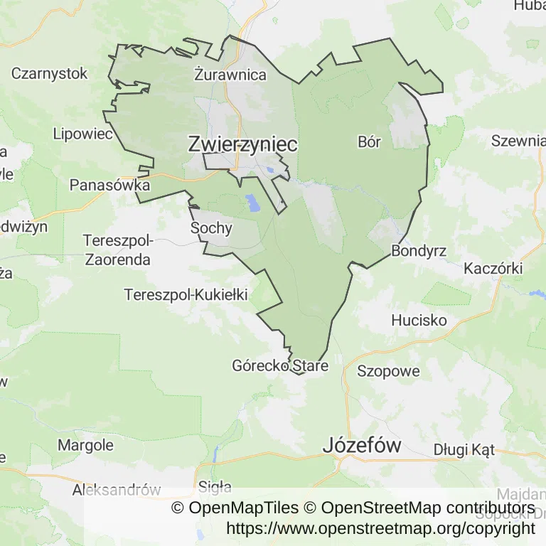Mapa z zaznaczonym Zwierzyńcu