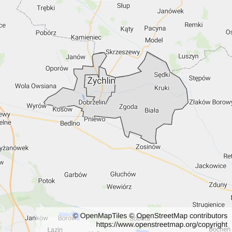 Mapa z zaznaczonym Żychlinem