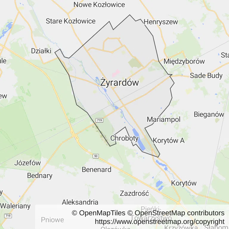 Mapa z zaznaczonym Żyrardowem