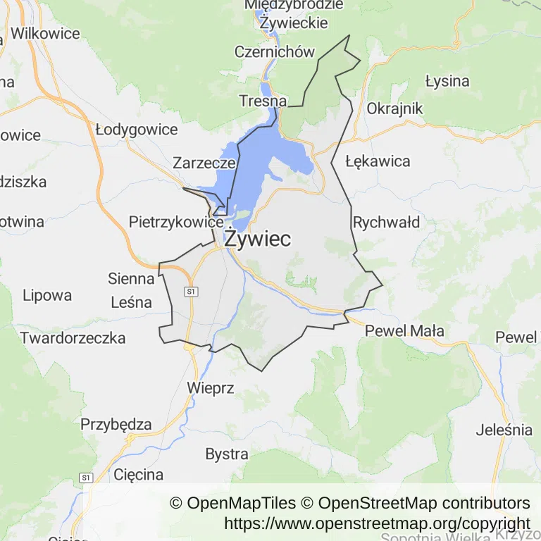 Mapa z zaznaczonym Żywcu